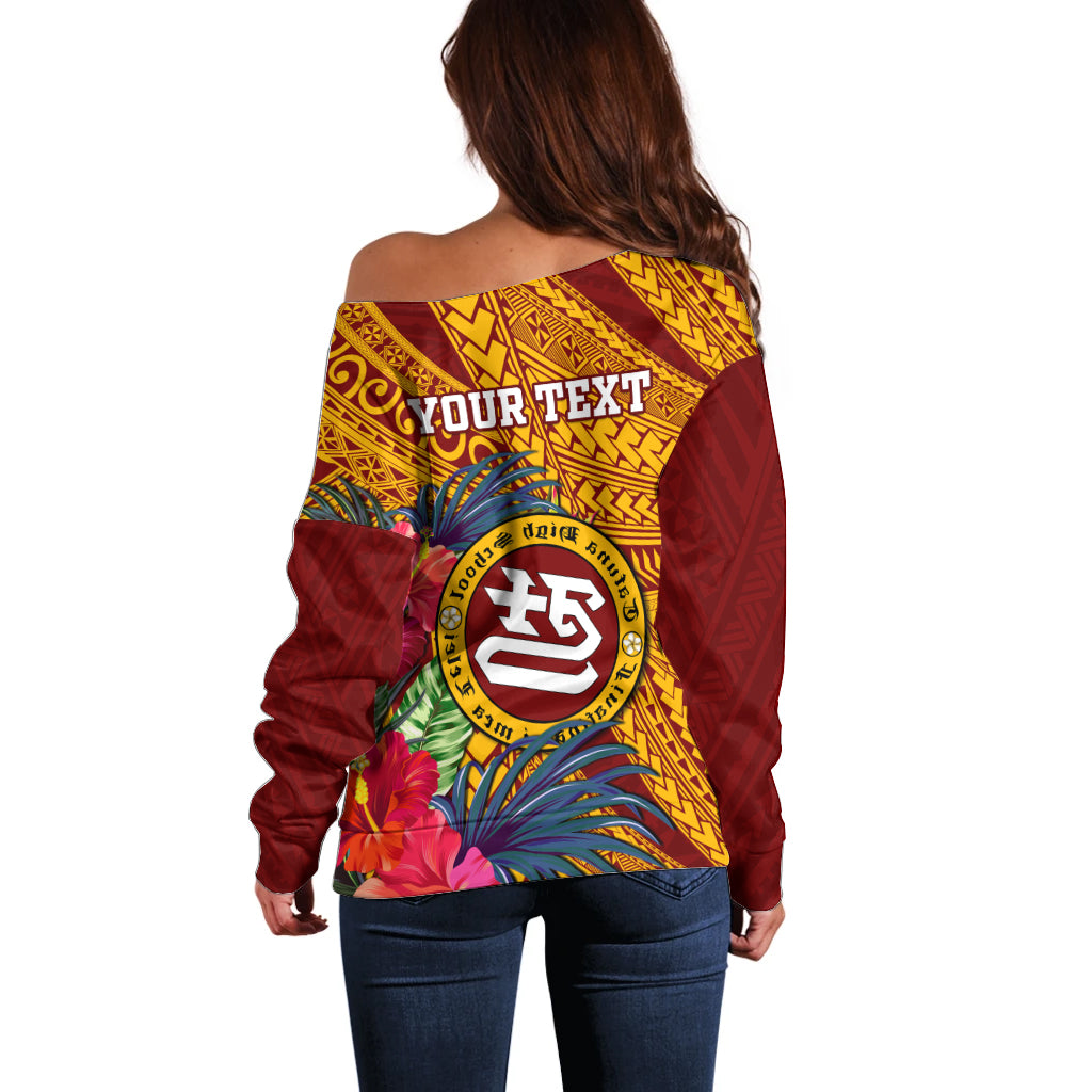 Personalised Tafuna High School Off Shoulder Sweater American Samoa Schools Polynesian Tropical Flowers - Wonder Print Shop