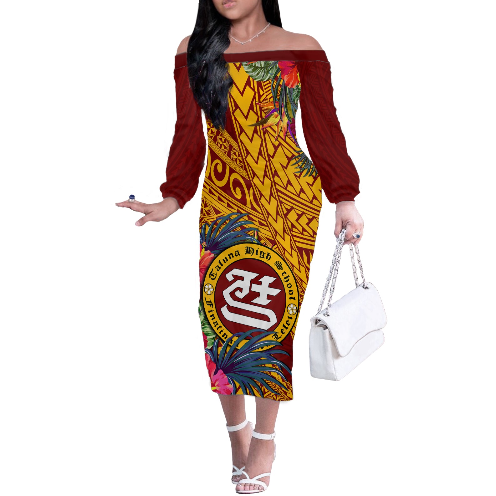 Personalised Tafuna High School Off The Shoulder Long Sleeve Dress American Samoa Schools Polynesian Tropical Flowers - Wonder Print Shop