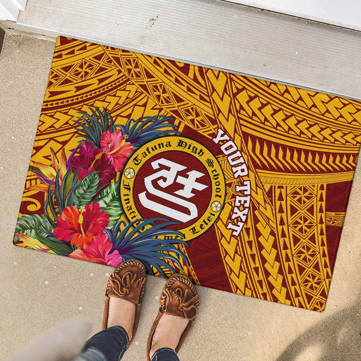 Personalised Tafuna High School Rubber Doormat American Samoa Schools Polynesian Tropical Flowers - Wonder Print Shop