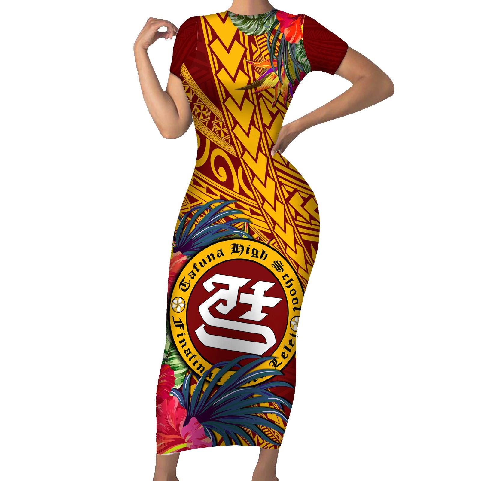 Personalised Tafuna High School Short Sleeve Bodycon Dress American Samoa Schools Polynesian Tropical Flowers - Wonder Print Shop