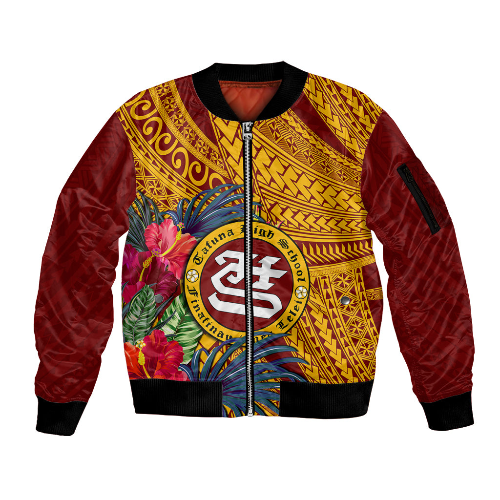 Personalised Tafuna High School Sleeve Zip Bomber Jacket American Samoa Schools Polynesian Tropical Flowers - Wonder Print Shop