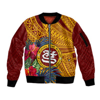Personalised Tafuna High School Sleeve Zip Bomber Jacket American Samoa Schools Polynesian Tropical Flowers - Wonder Print Shop
