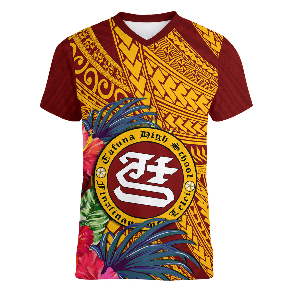 Personalised Tafuna High School Women V Neck T Shirt American Samoa Schools Polynesian Tropical Flowers - Wonder Print Shop