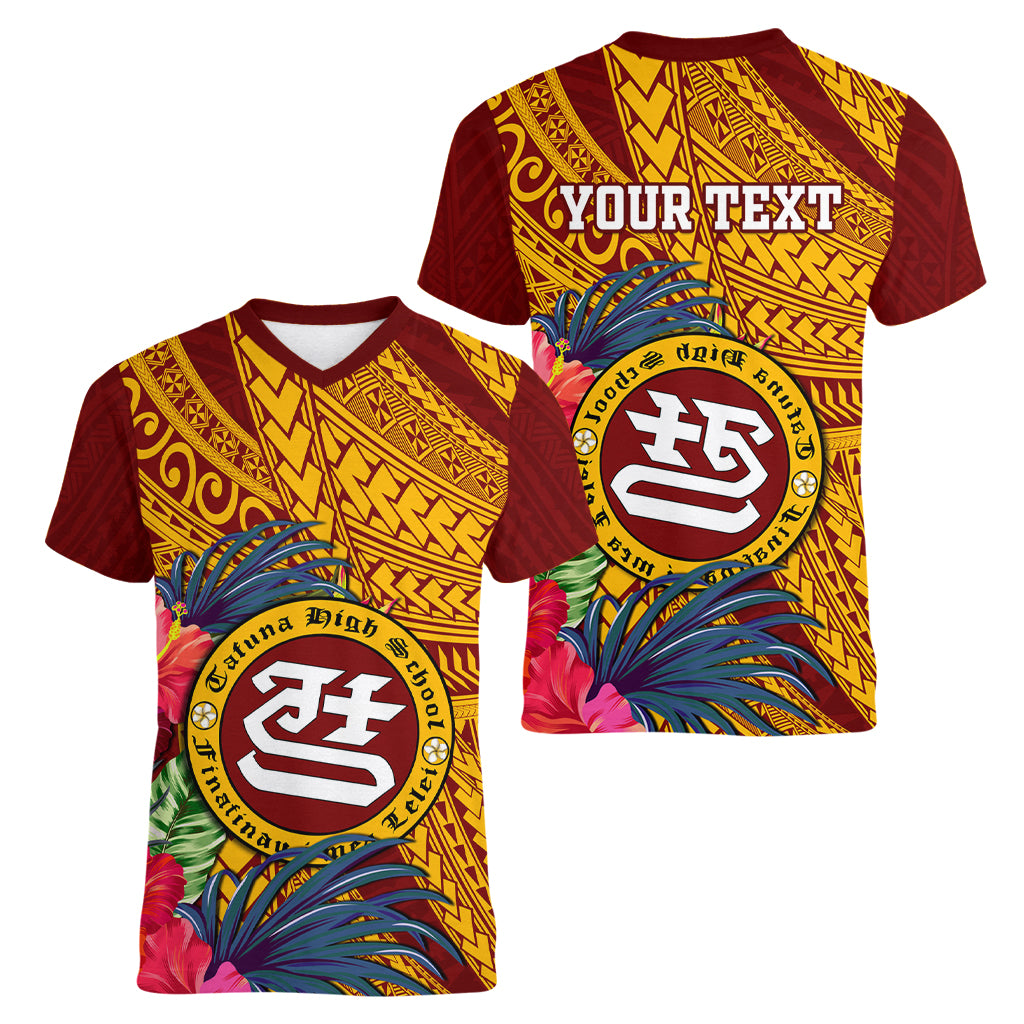 Personalised Tafuna High School Women V Neck T Shirt American Samoa Schools Polynesian Tropical Flowers - Wonder Print Shop