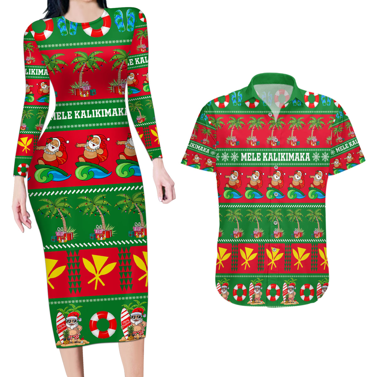 Personalised Hawaii Christmas Couples Matching Long Sleeve Bodycon Dress and Hawaiian Shirt Mele Kalikimaka - Wonder Print Shop