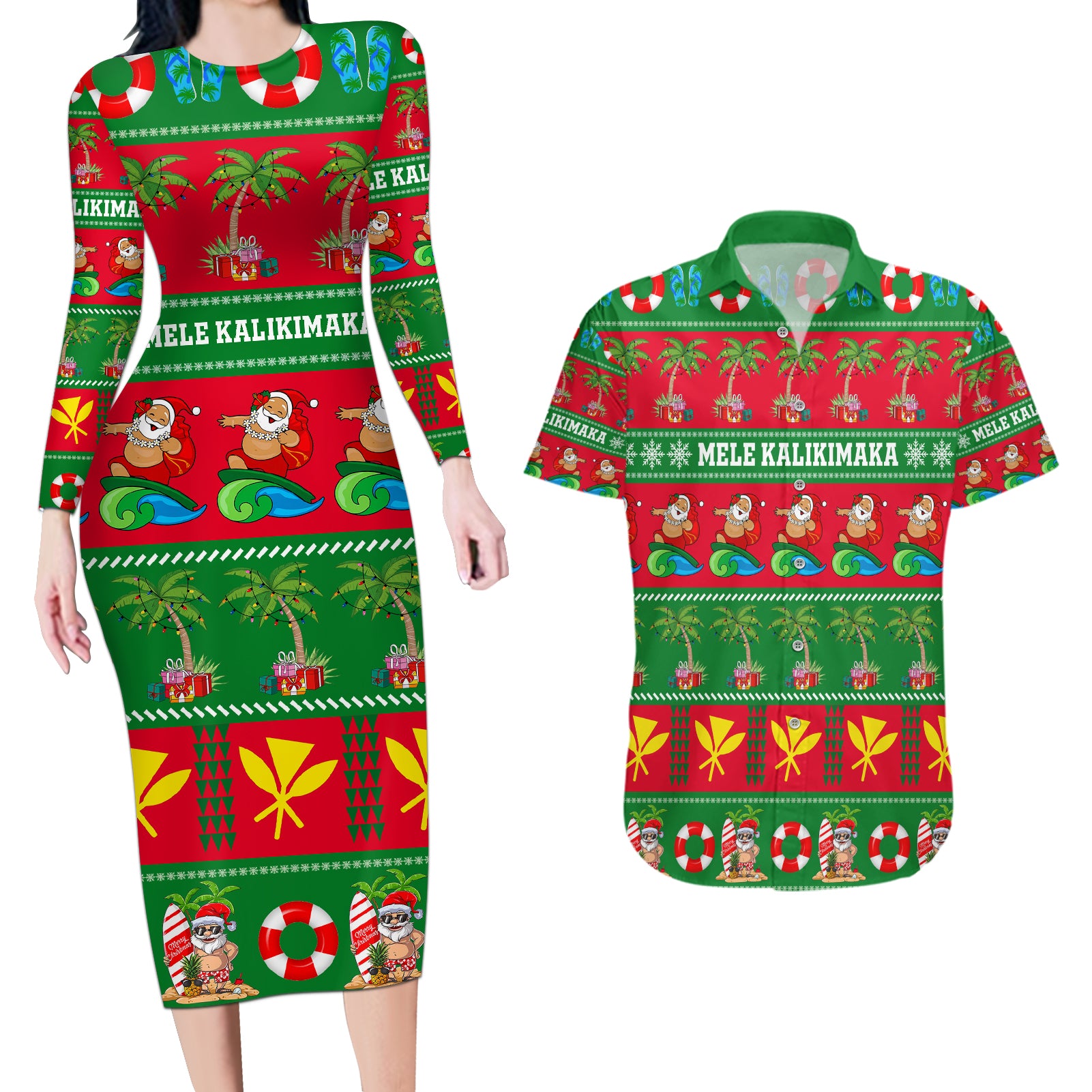 Personalised Hawaii Christmas Couples Matching Long Sleeve Bodycon Dress and Hawaiian Shirt Mele Kalikimaka - Wonder Print Shop