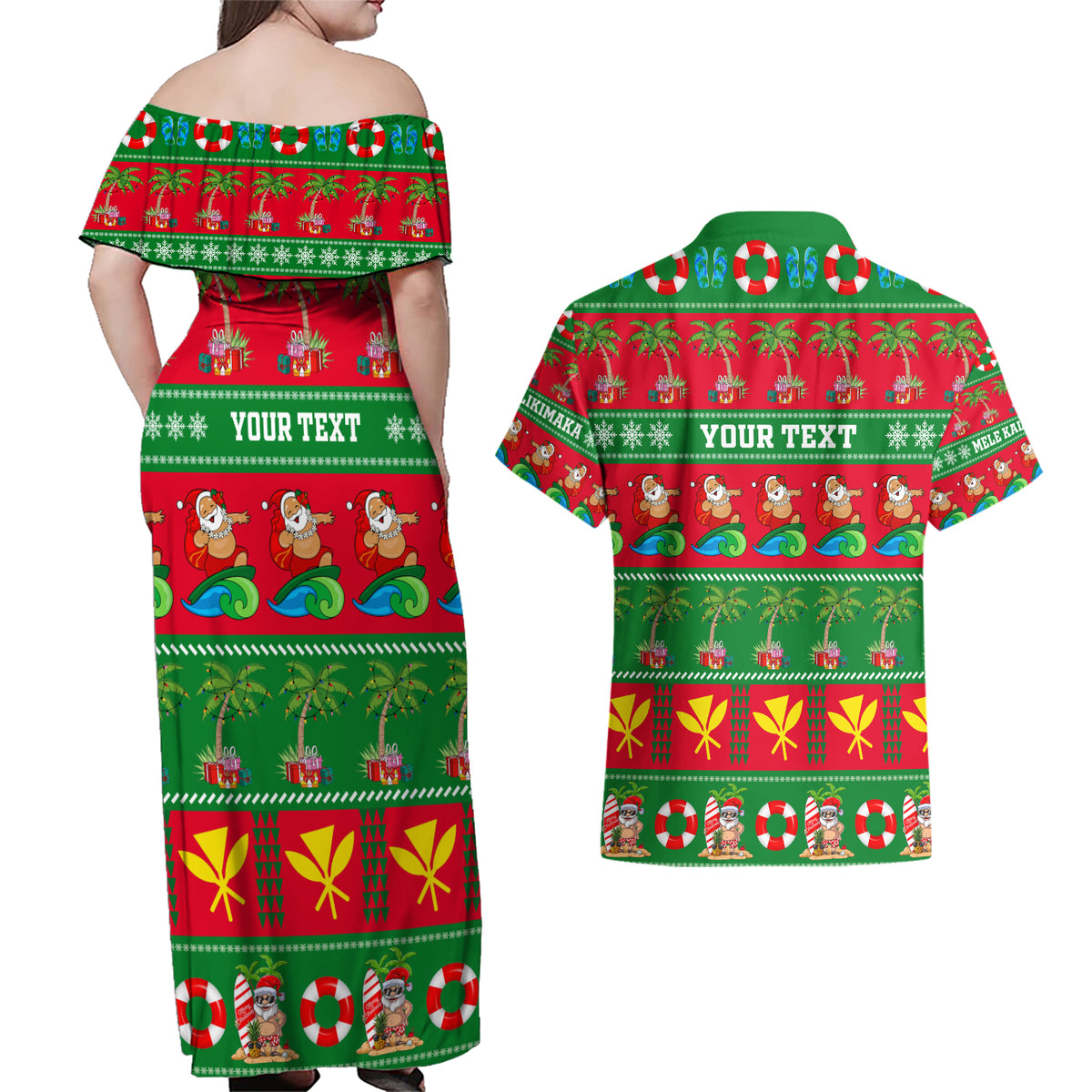 Personalised Hawaii Christmas Couples Matching Off Shoulder Maxi Dress and Hawaiian Shirt Mele Kalikimaka - Wonder Print Shop