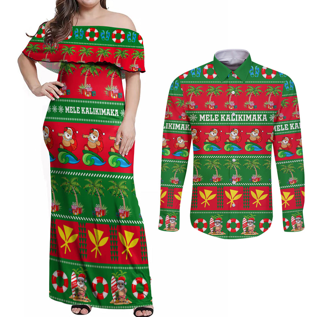 Personalised Hawaii Christmas Couples Matching Off Shoulder Maxi Dress and Long Sleeve Button Shirt Mele Kalikimaka - Wonder Print Shop