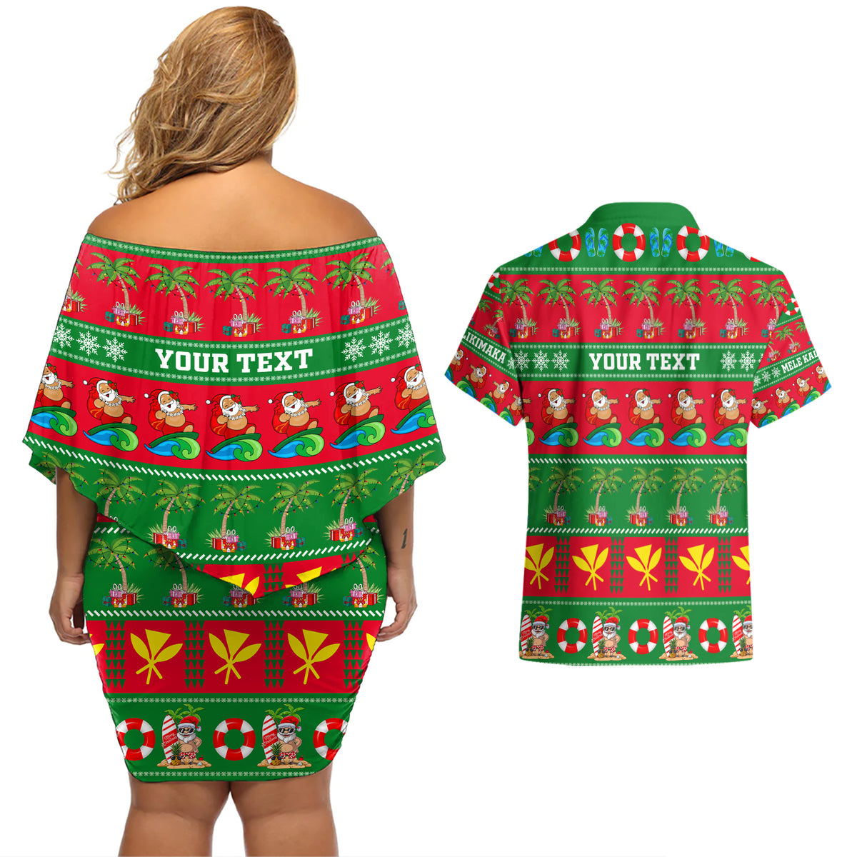 Personalised Hawaii Christmas Couples Matching Off Shoulder Short Dress and Hawaiian Shirt Mele Kalikimaka - Wonder Print Shop