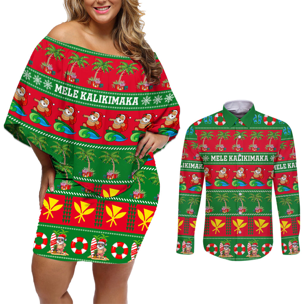 Personalised Hawaii Christmas Couples Matching Off Shoulder Short Dress and Long Sleeve Button Shirt Mele Kalikimaka - Wonder Print Shop