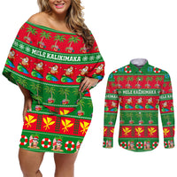 Personalised Hawaii Christmas Couples Matching Off Shoulder Short Dress and Long Sleeve Button Shirt Mele Kalikimaka - Wonder Print Shop