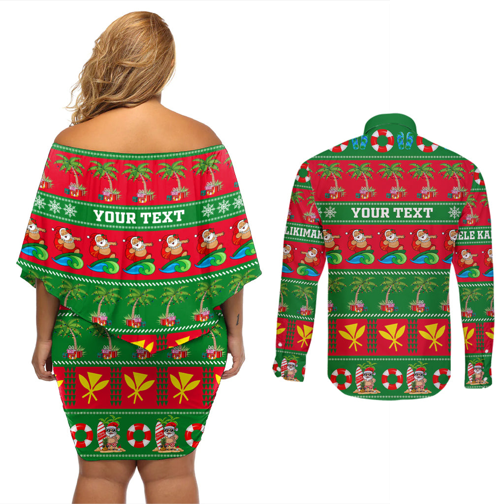 Personalised Hawaii Christmas Couples Matching Off Shoulder Short Dress and Long Sleeve Button Shirt Mele Kalikimaka - Wonder Print Shop