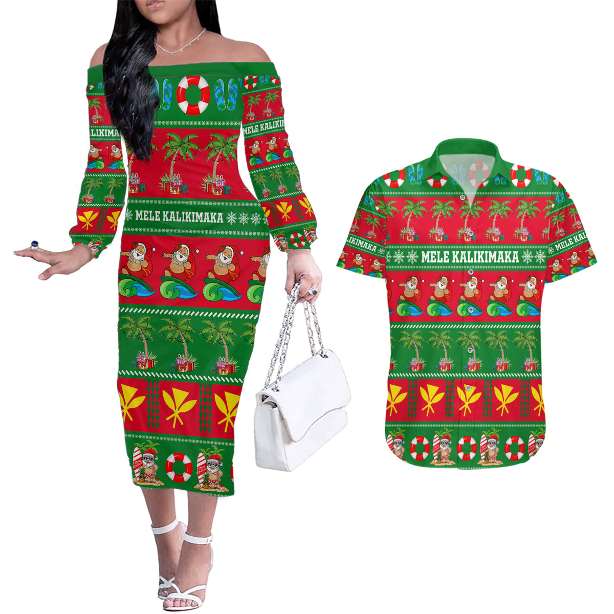 Personalised Hawaii Christmas Couples Matching Off The Shoulder Long Sleeve Dress and Hawaiian Shirt Mele Kalikimaka - Wonder Print Shop