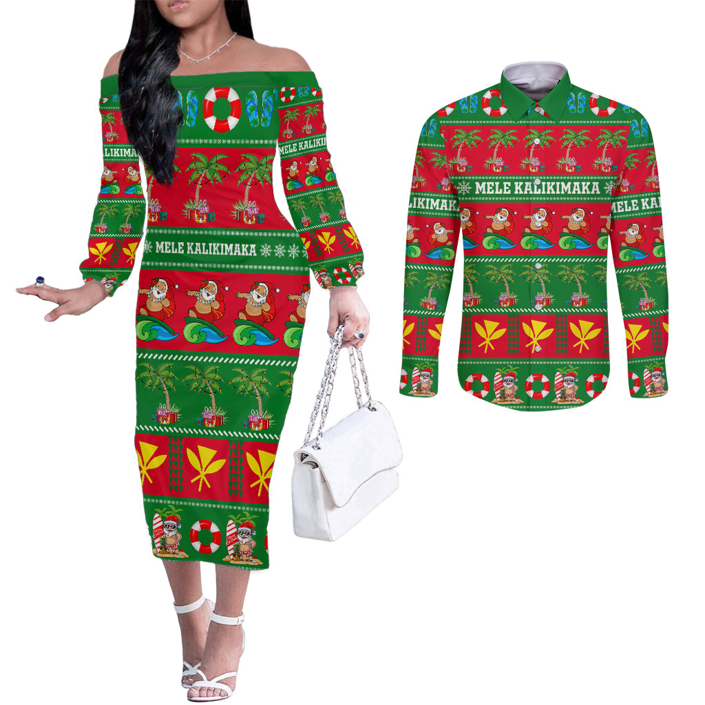 personalised-hawaii-christmas-couples-matching-off-the-shoulder-long-sleeve-dress-and-long-sleeve-button-shirt-mele-kalikimaka