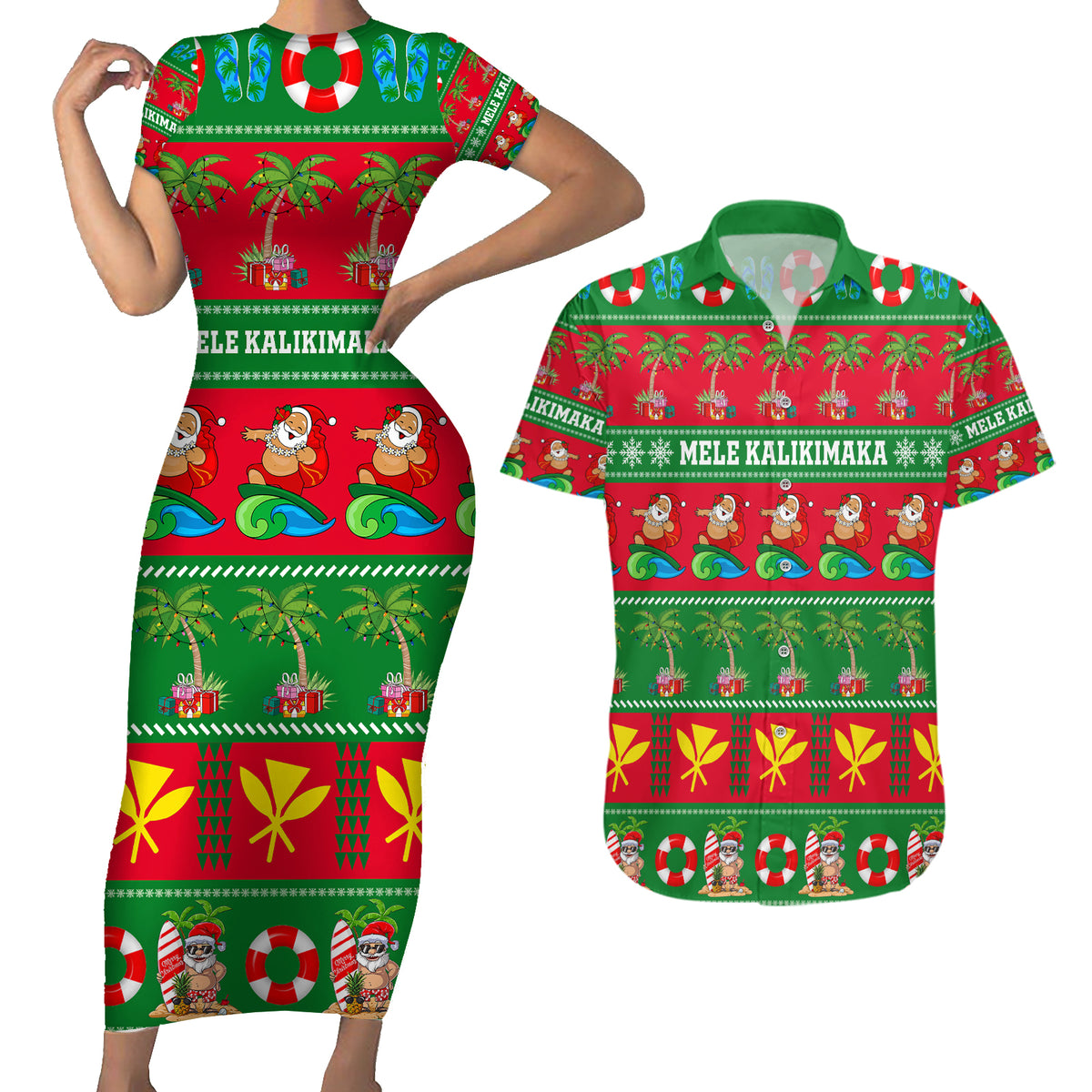 Personalised Hawaii Christmas Couples Matching Short Sleeve Bodycon Dress and Hawaiian Shirt Mele Kalikimaka - Wonder Print Shop
