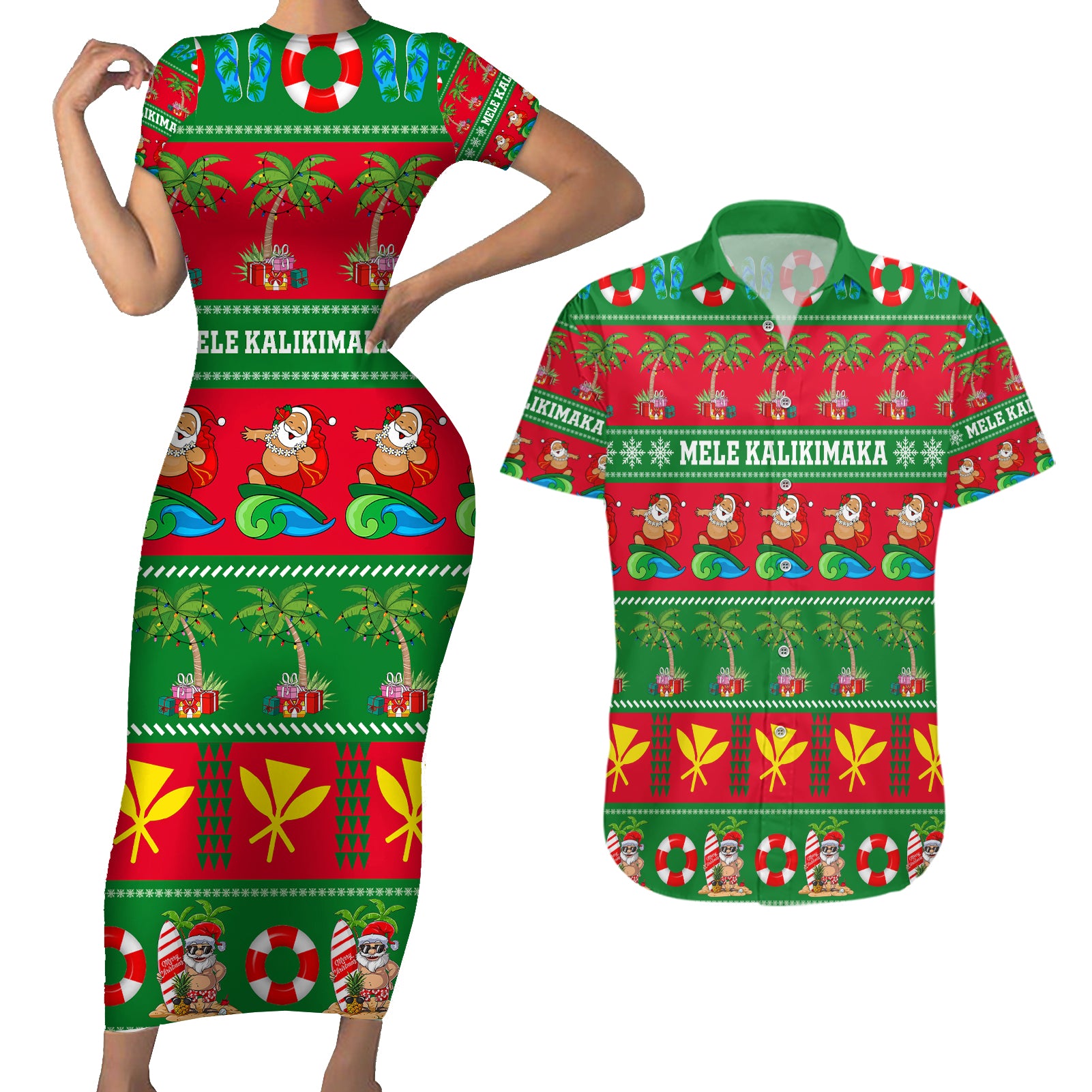 Personalised Hawaii Christmas Couples Matching Short Sleeve Bodycon Dress and Hawaiian Shirt Mele Kalikimaka - Wonder Print Shop