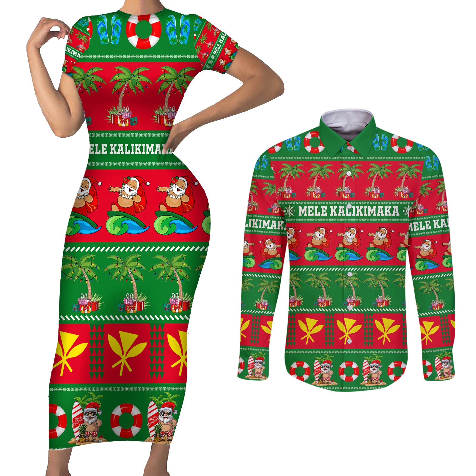 Personalised Hawaii Christmas Couples Matching Short Sleeve Bodycon Dress and Long Sleeve Button Shirt Mele Kalikimaka - Wonder Print Shop