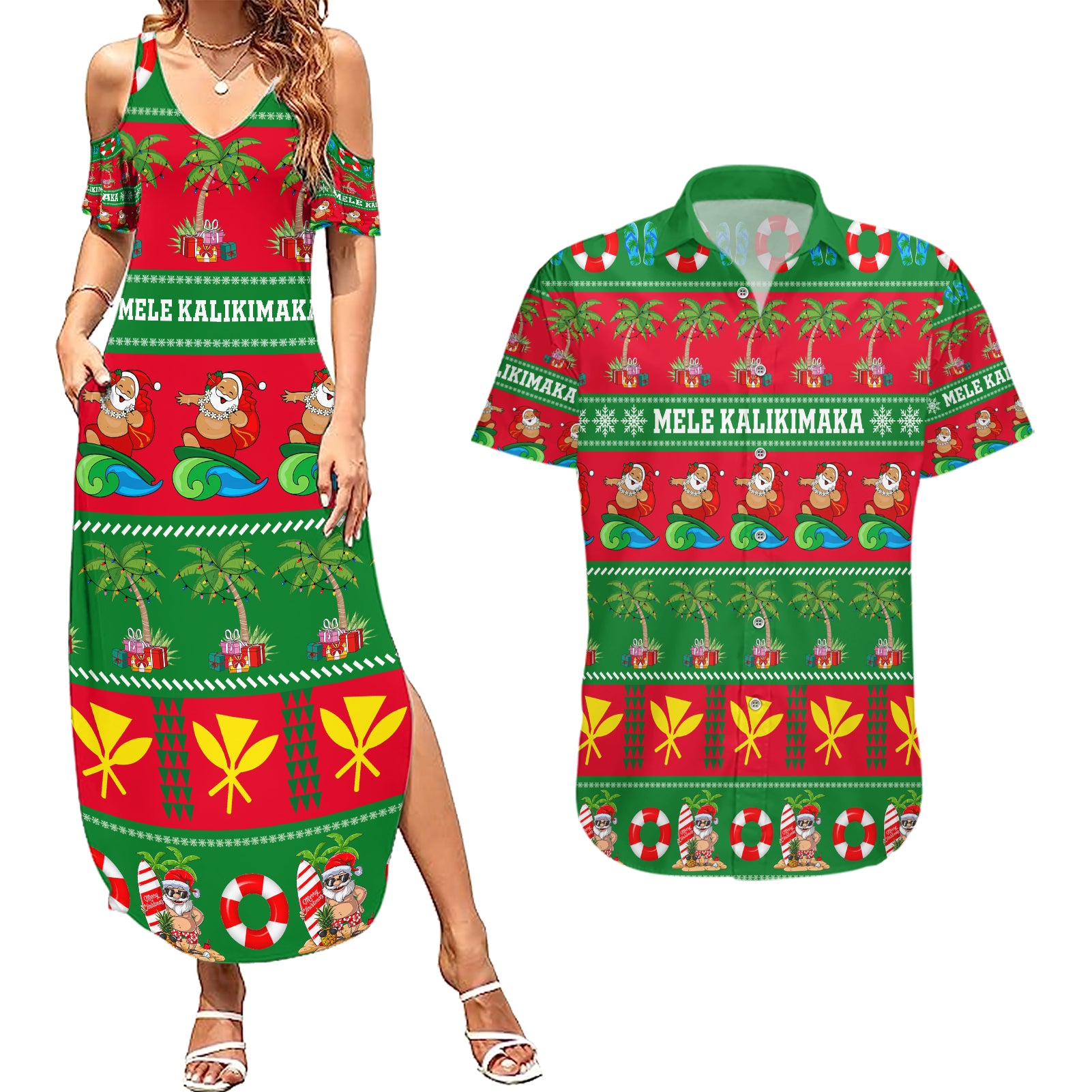 Personalised Hawaii Christmas Couples Matching Summer Maxi Dress and Hawaiian Shirt Mele Kalikimaka - Wonder Print Shop