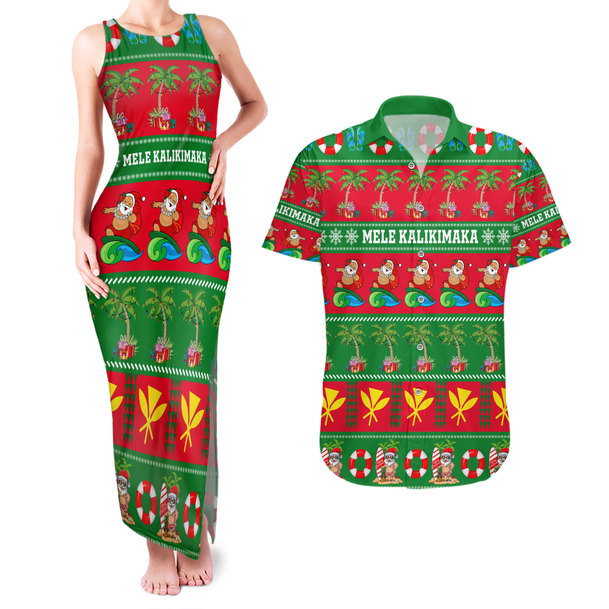 Personalised Hawaii Christmas Couples Matching Tank Maxi Dress and Hawaiian Shirt Mele Kalikimaka - Wonder Print Shop