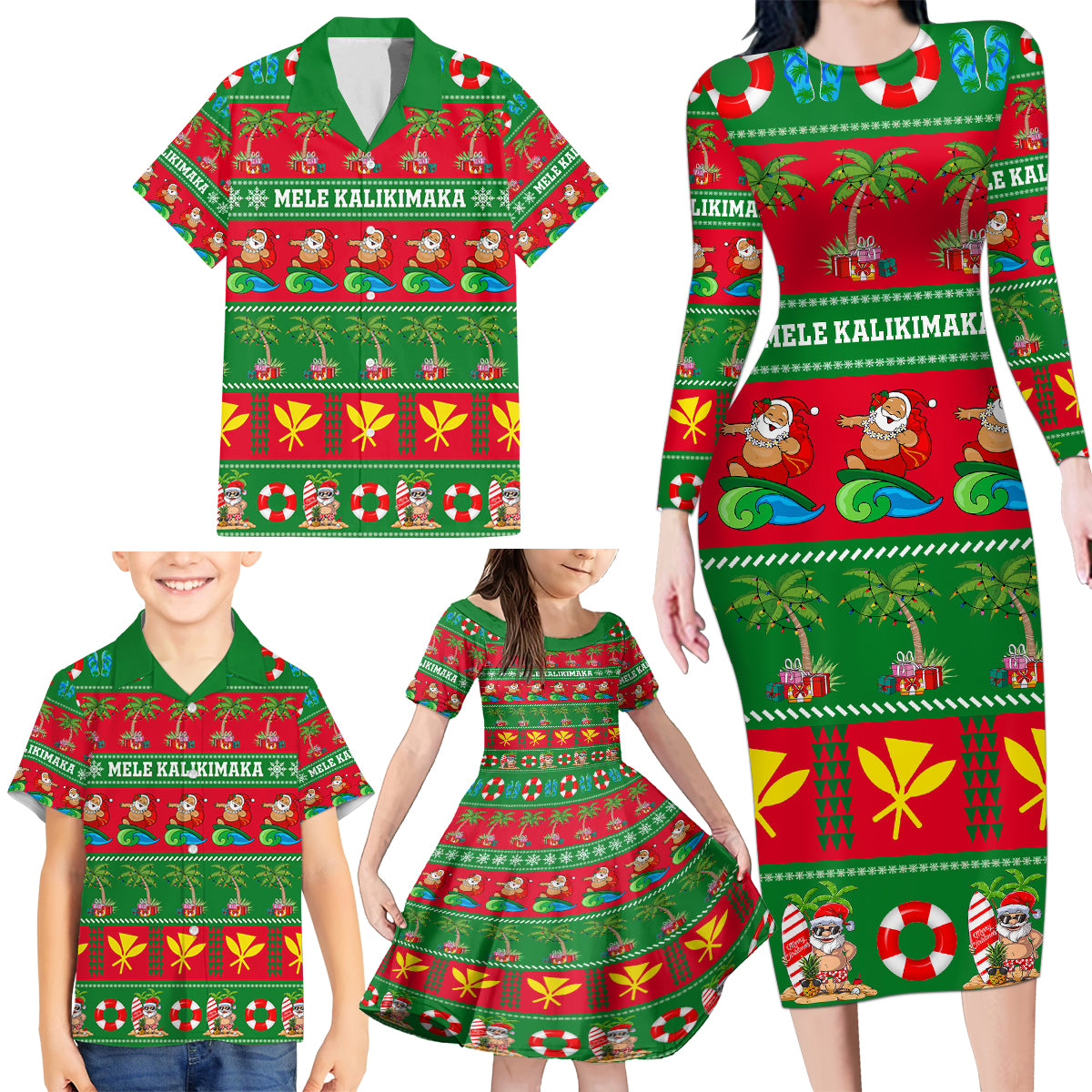 Personalised Hawaii Christmas Family Matching Long Sleeve Bodycon Dress and Hawaiian Shirt Mele Kalikimaka - Wonder Print Shop