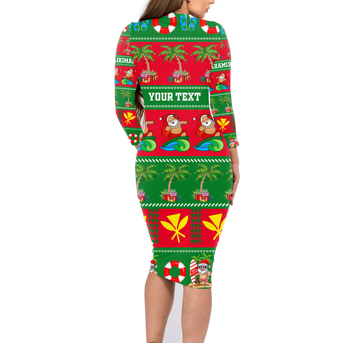 Personalised Hawaii Christmas Family Matching Long Sleeve Bodycon Dress and Hawaiian Shirt Mele Kalikimaka - Wonder Print Shop