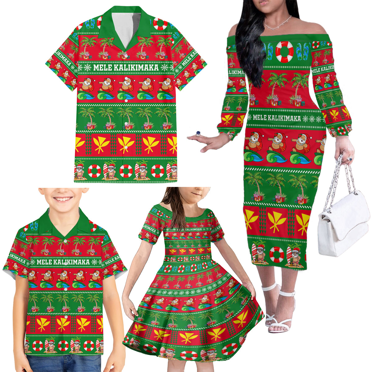 Personalised Hawaii Christmas Family Matching Off Shoulder Long Sleeve Dress and Hawaiian Shirt Mele Kalikimaka - Wonder Print Shop
