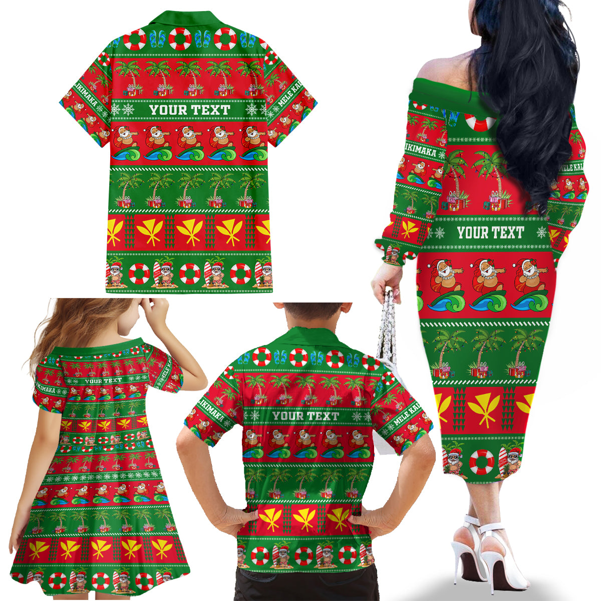 Personalised Hawaii Christmas Family Matching Off Shoulder Long Sleeve Dress and Hawaiian Shirt Mele Kalikimaka - Wonder Print Shop