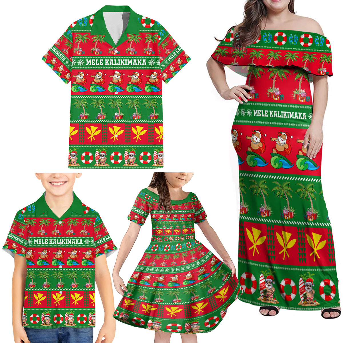 Personalised Hawaii Christmas Family Matching Off Shoulder Maxi Dress and Hawaiian Shirt Mele Kalikimaka - Wonder Print Shop