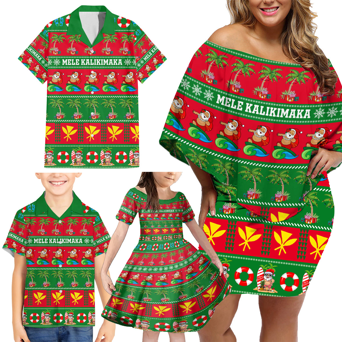 Personalised Hawaii Christmas Family Matching Off Shoulder Short Dress and Hawaiian Shirt Mele Kalikimaka - Wonder Print Shop