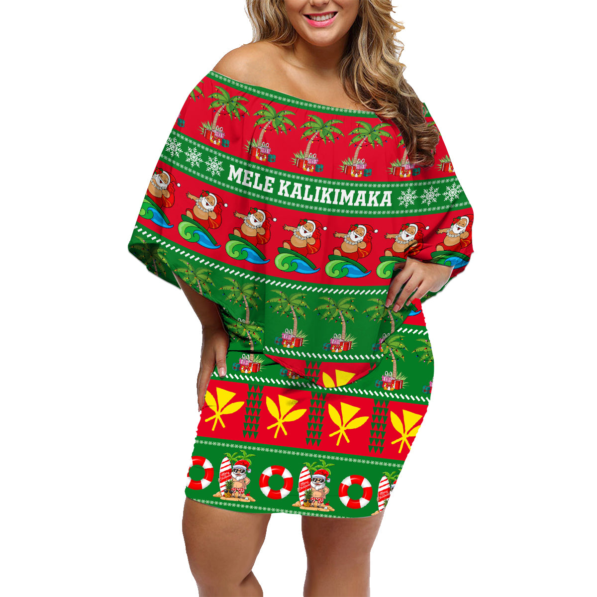 Personalised Hawaii Christmas Family Matching Off Shoulder Short Dress and Hawaiian Shirt Mele Kalikimaka - Wonder Print Shop