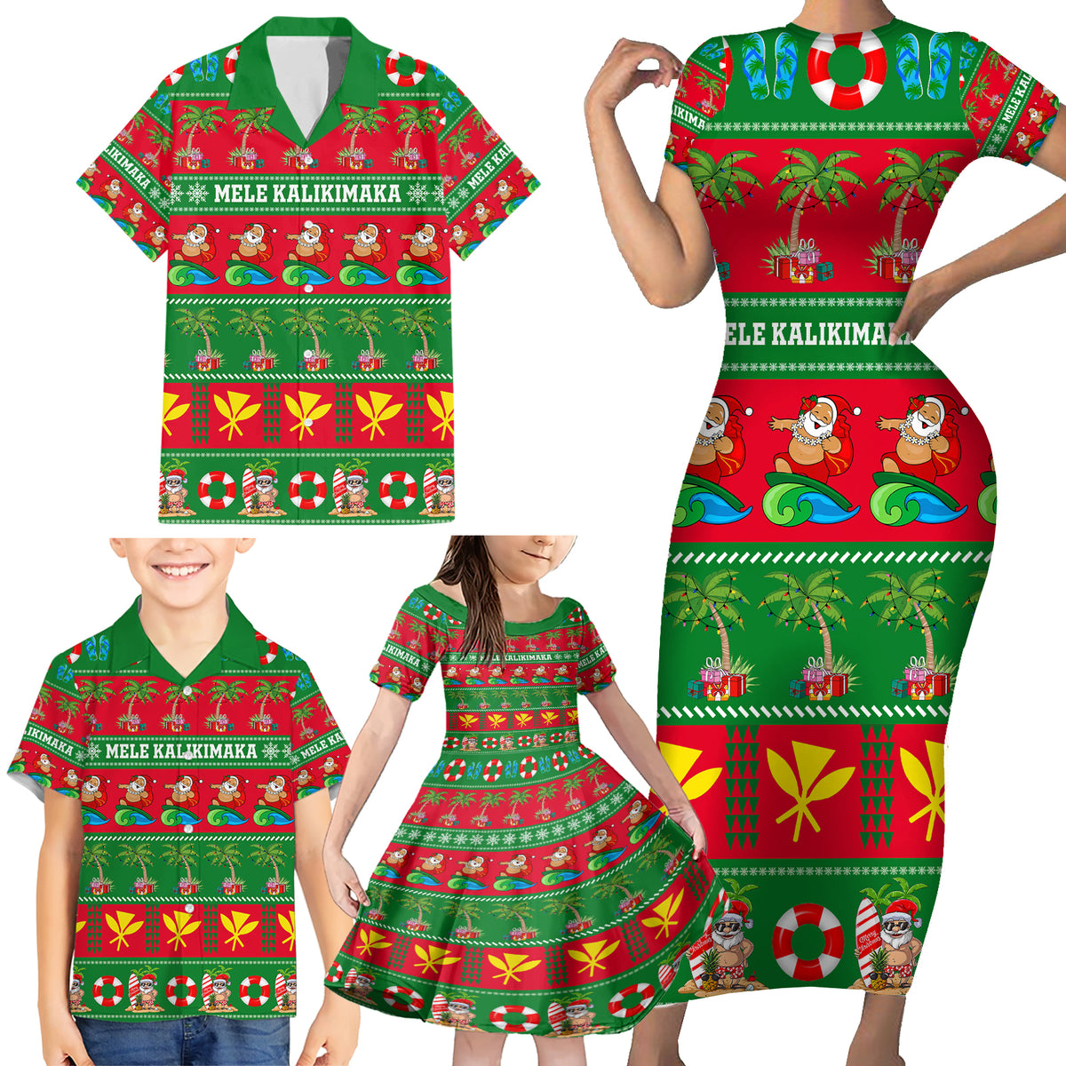 Personalised Hawaii Christmas Family Matching Short Sleeve Bodycon Dress and Hawaiian Shirt Mele Kalikimaka - Wonder Print Shop