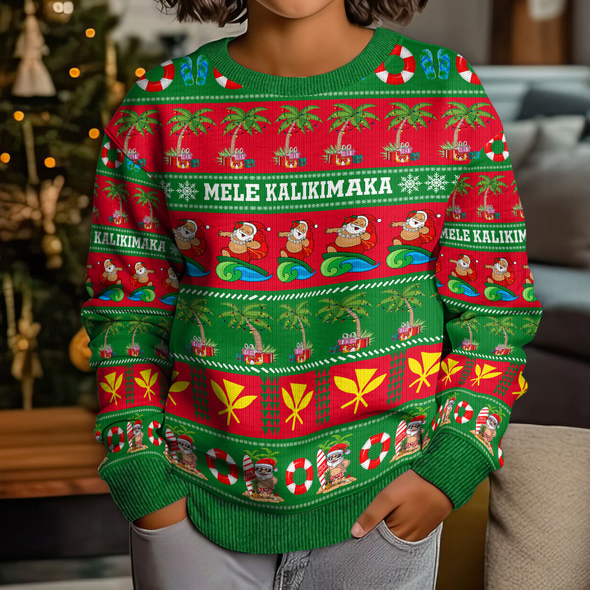 Personalised Hawaii Christmas Kid Ugly Christmas Sweater Mele Kalikimaka - Wonder Print Shop