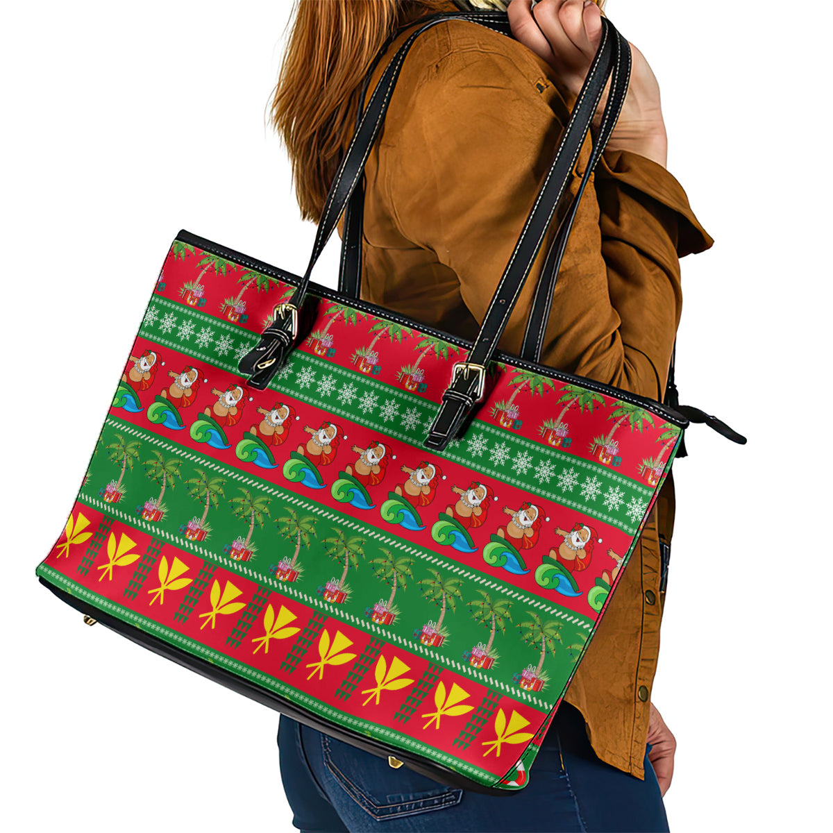 Hawaii Christmas Leather Tote Bag Mele Kalikimaka - Wonder Print Shop
