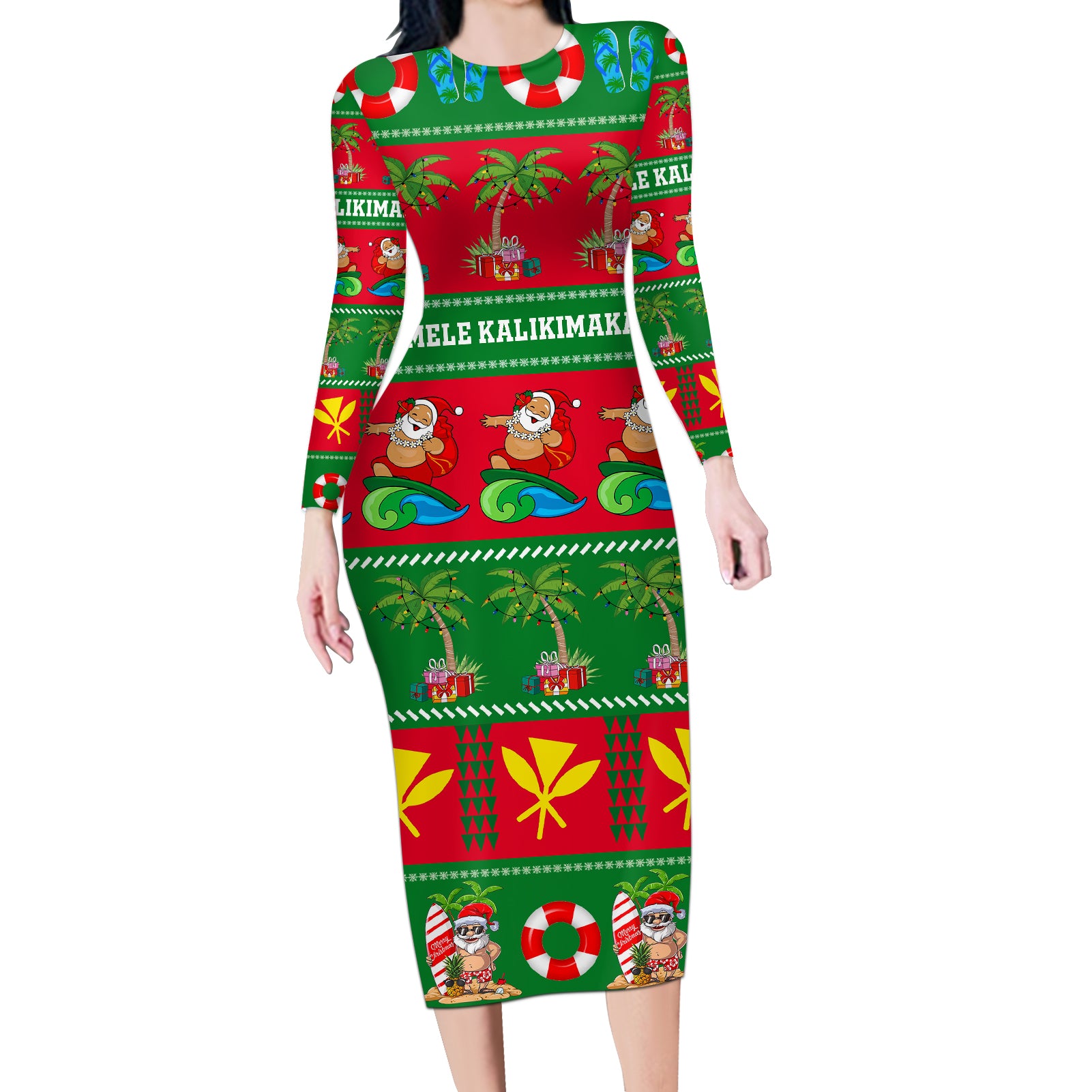 Personalised Hawaii Christmas Long Sleeve Bodycon Dress Mele Kalikimaka - Wonder Print Shop