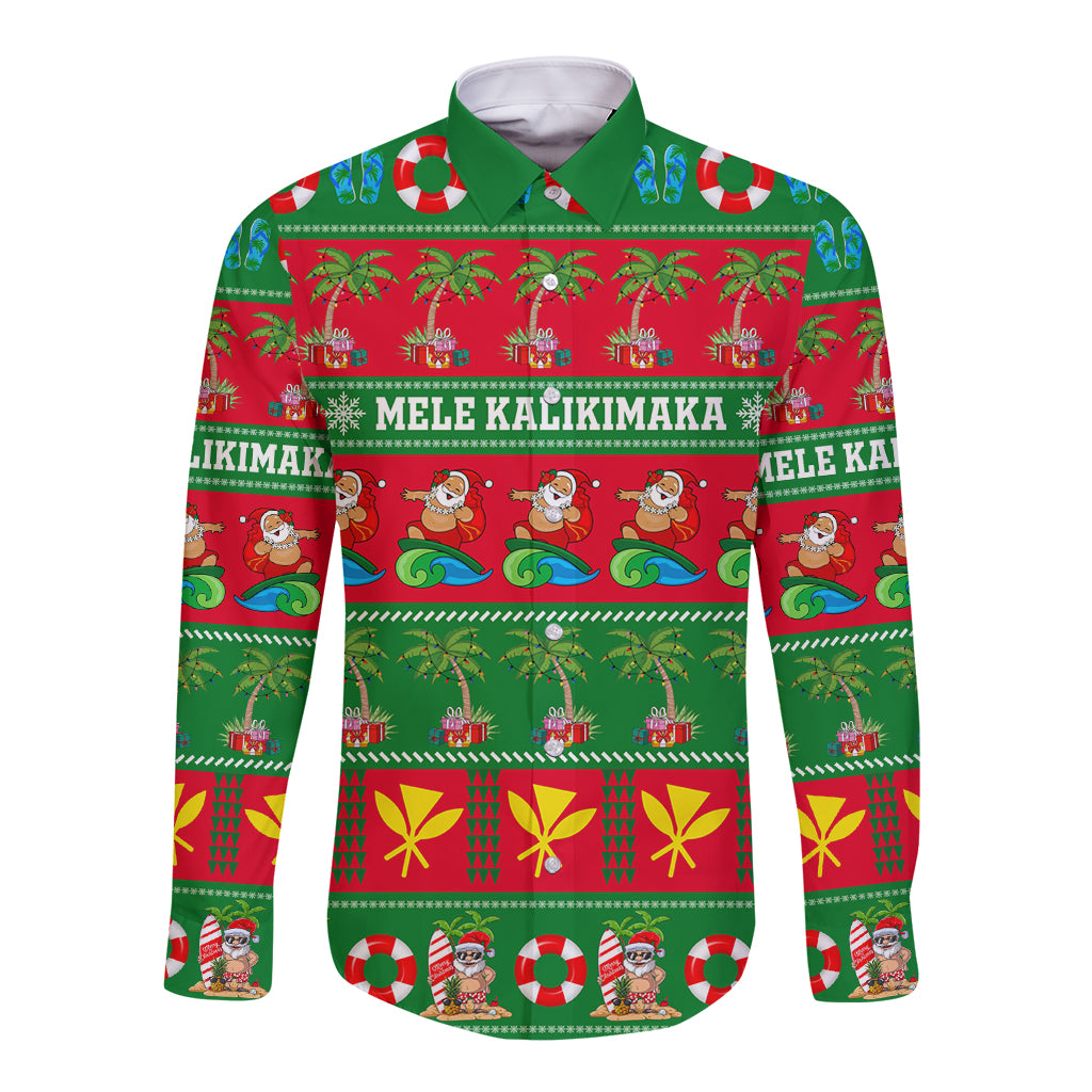 Personalised Hawaii Christmas Long Sleeve Button Shirt Mele Kalikimaka - Wonder Print Shop