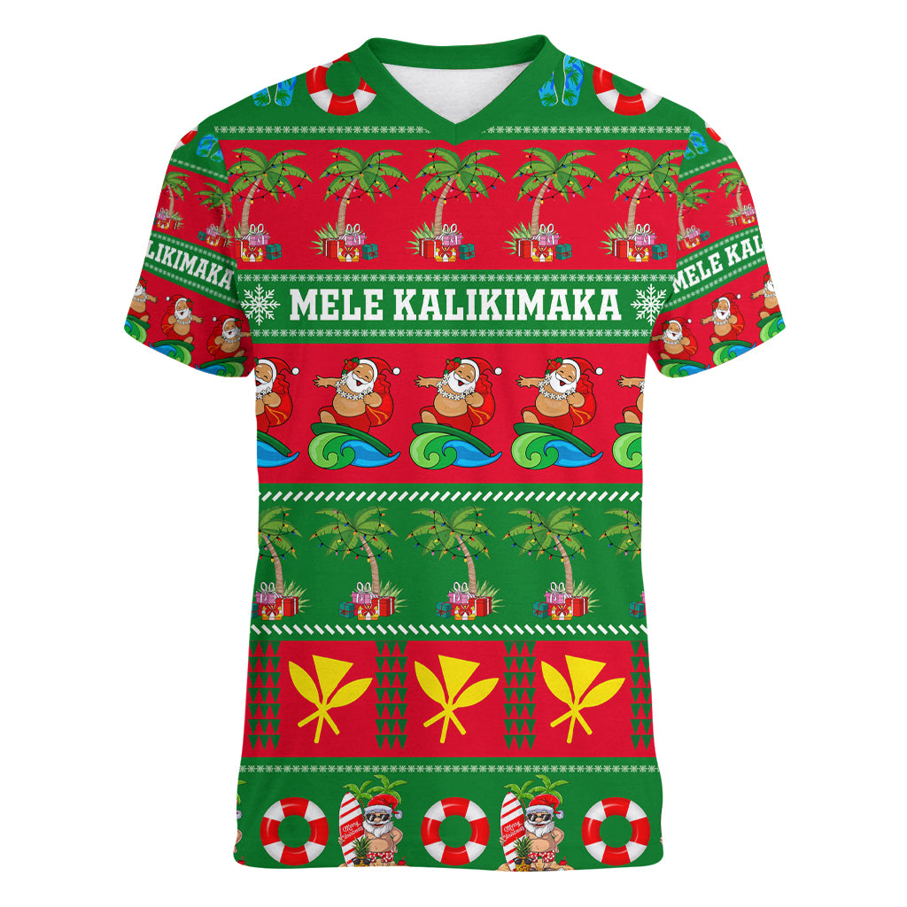 Personalised Hawaii Christmas Women V Neck T Shirt Mele Kalikimaka - Wonder Print Shop