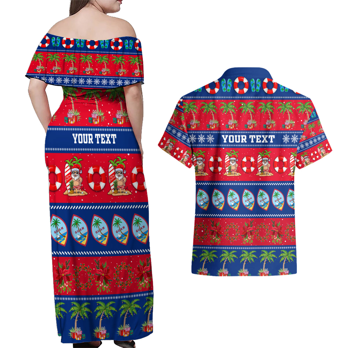 Personalised Guam Christmas Couples Matching Off Shoulder Maxi Dress and Hawaiian Shirt Felis Pasgua - Wonder Print Shop