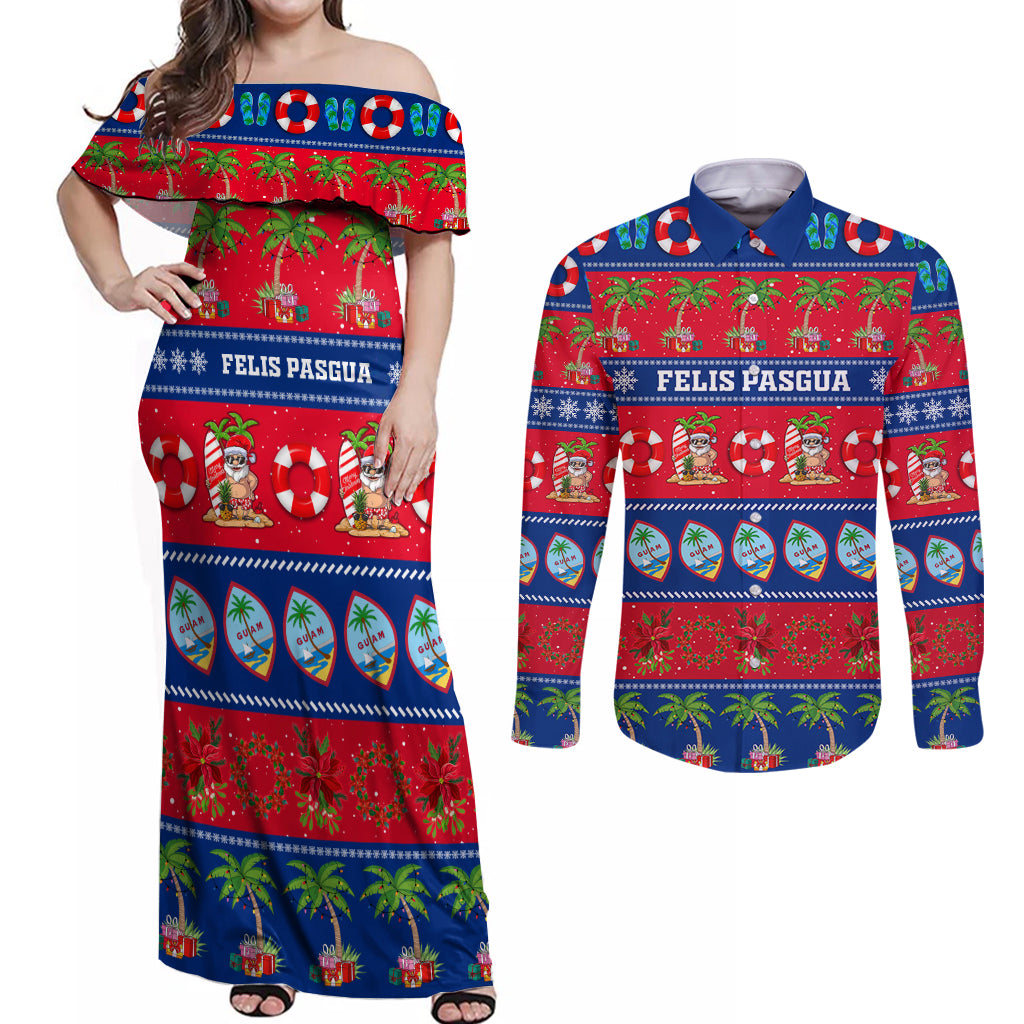 Personalised Guam Christmas Couples Matching Off Shoulder Maxi Dress and Long Sleeve Button Shirt Felis Pasgua - Wonder Print Shop