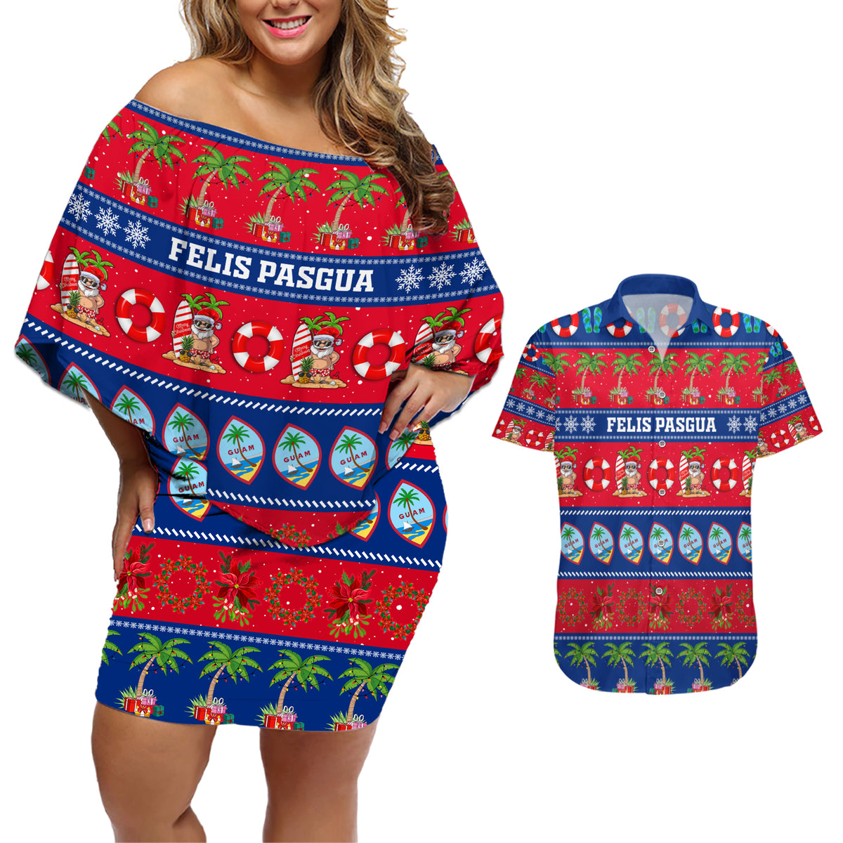 Personalised Guam Christmas Couples Matching Off Shoulder Short Dress and Hawaiian Shirt Felis Pasgua - Wonder Print Shop