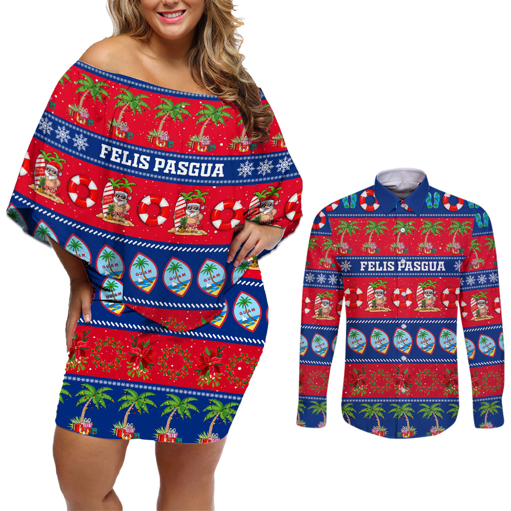 Personalised Guam Christmas Couples Matching Off Shoulder Short Dress and Long Sleeve Button Shirt Felis Pasgua - Wonder Print Shop