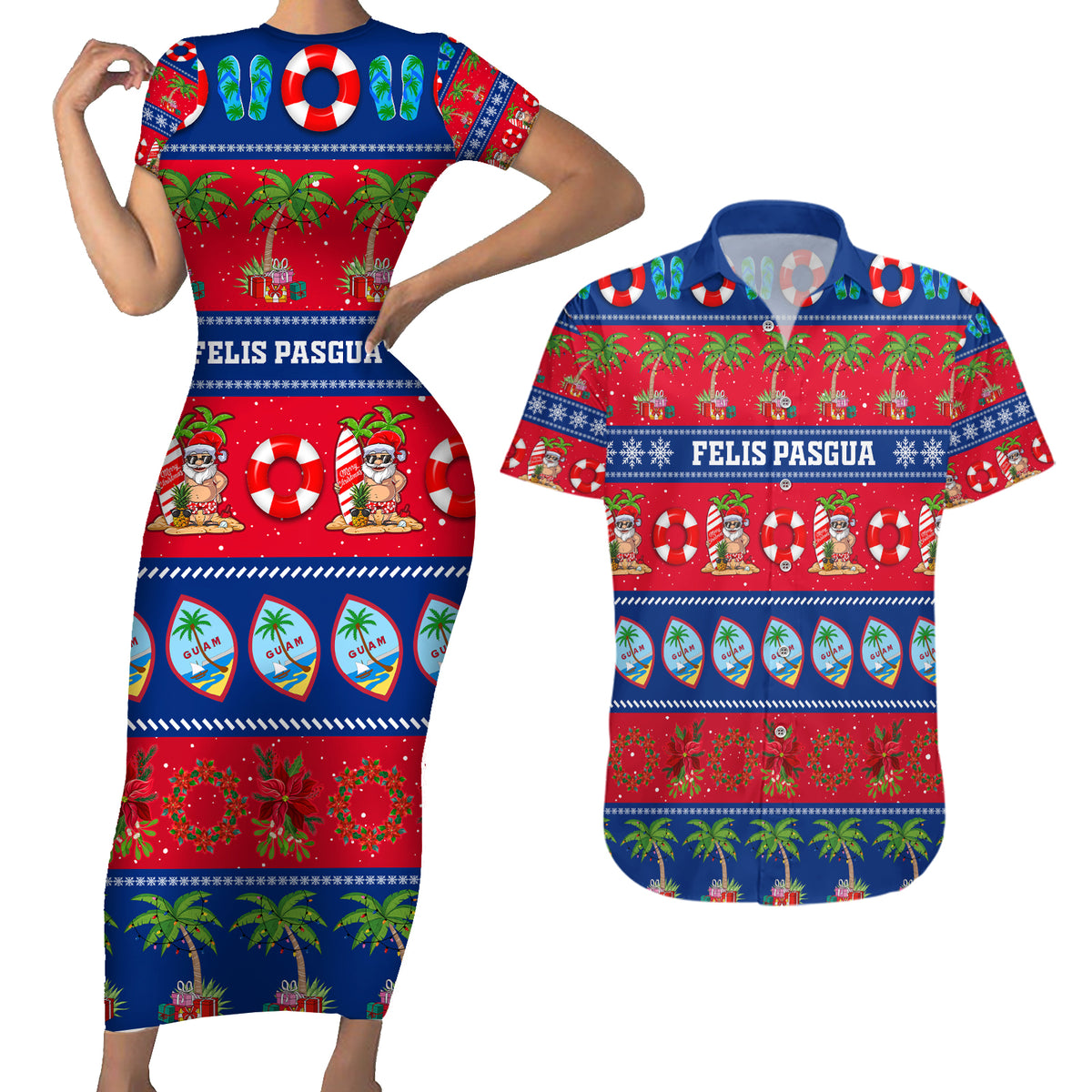 Personalised Guam Christmas Couples Matching Short Sleeve Bodycon Dress and Hawaiian Shirt Felis Pasgua - Wonder Print Shop