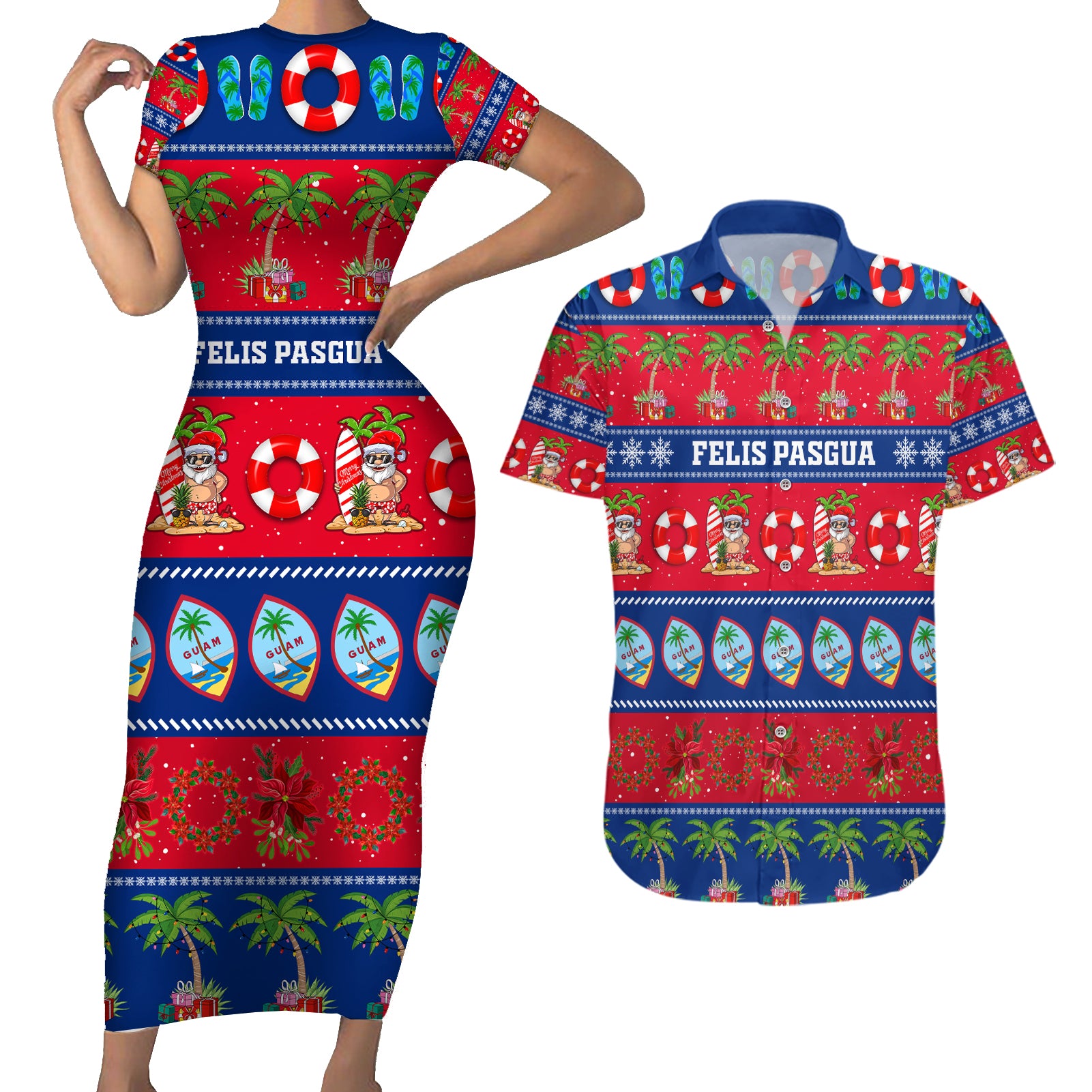 Personalised Guam Christmas Couples Matching Short Sleeve Bodycon Dress and Hawaiian Shirt Felis Pasgua - Wonder Print Shop