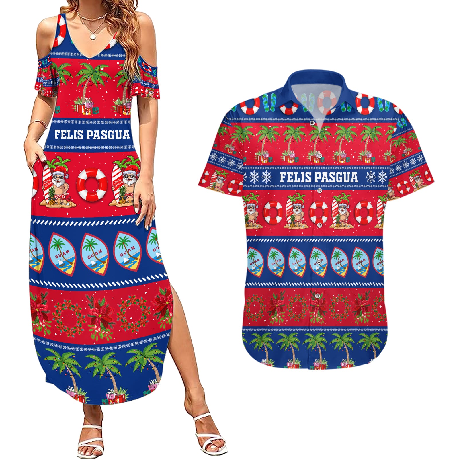 Personalised Guam Christmas Couples Matching Summer Maxi Dress and Hawaiian Shirt Felis Pasgua - Wonder Print Shop