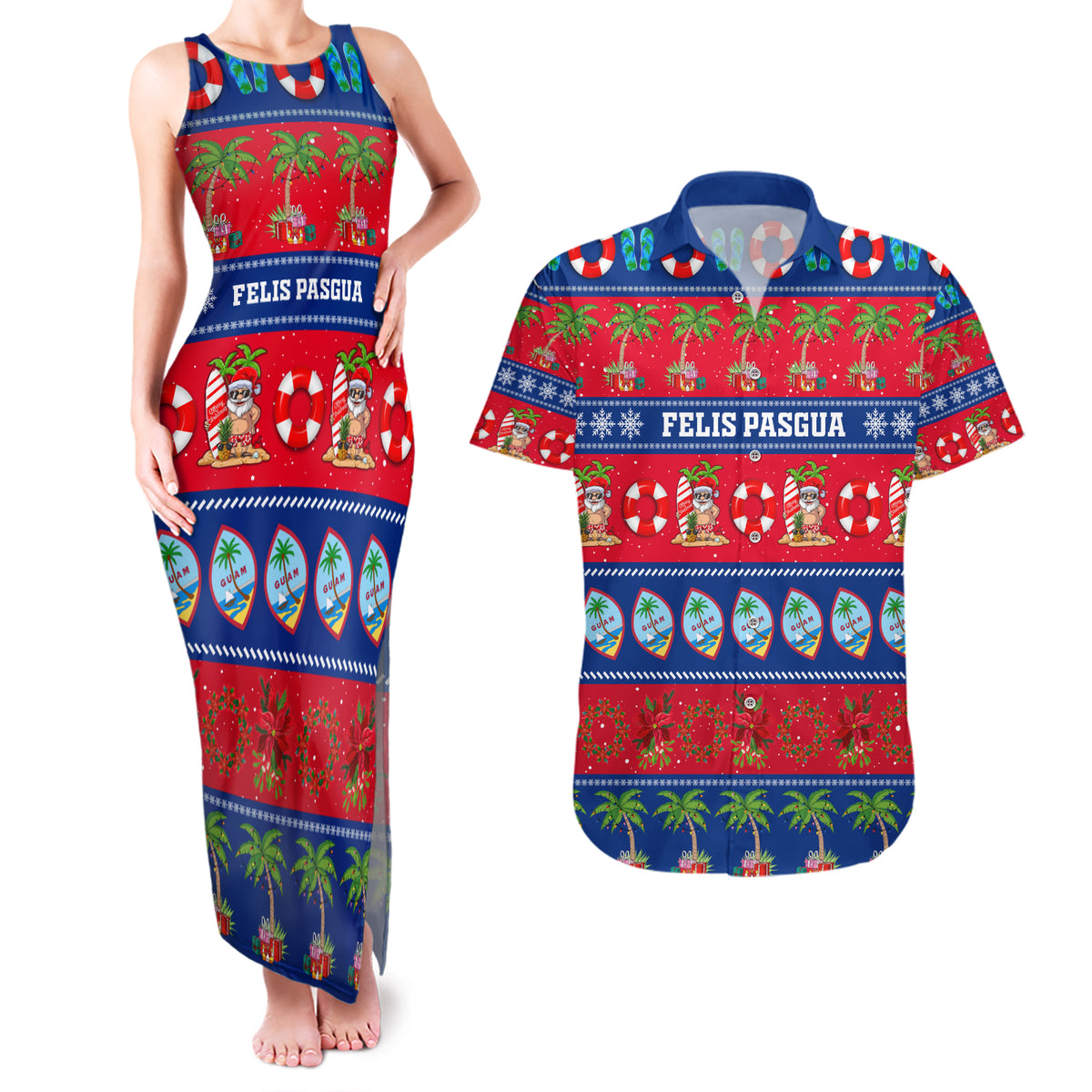 Personalised Guam Christmas Couples Matching Tank Maxi Dress and Hawaiian Shirt Felis Pasgua - Wonder Print Shop