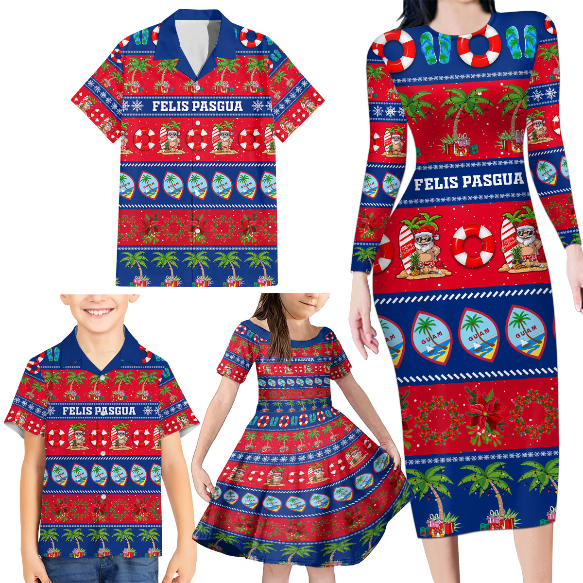 Personalised Guam Christmas Family Matching Long Sleeve Bodycon Dress and Hawaiian Shirt Felis Pasgua - Wonder Print Shop