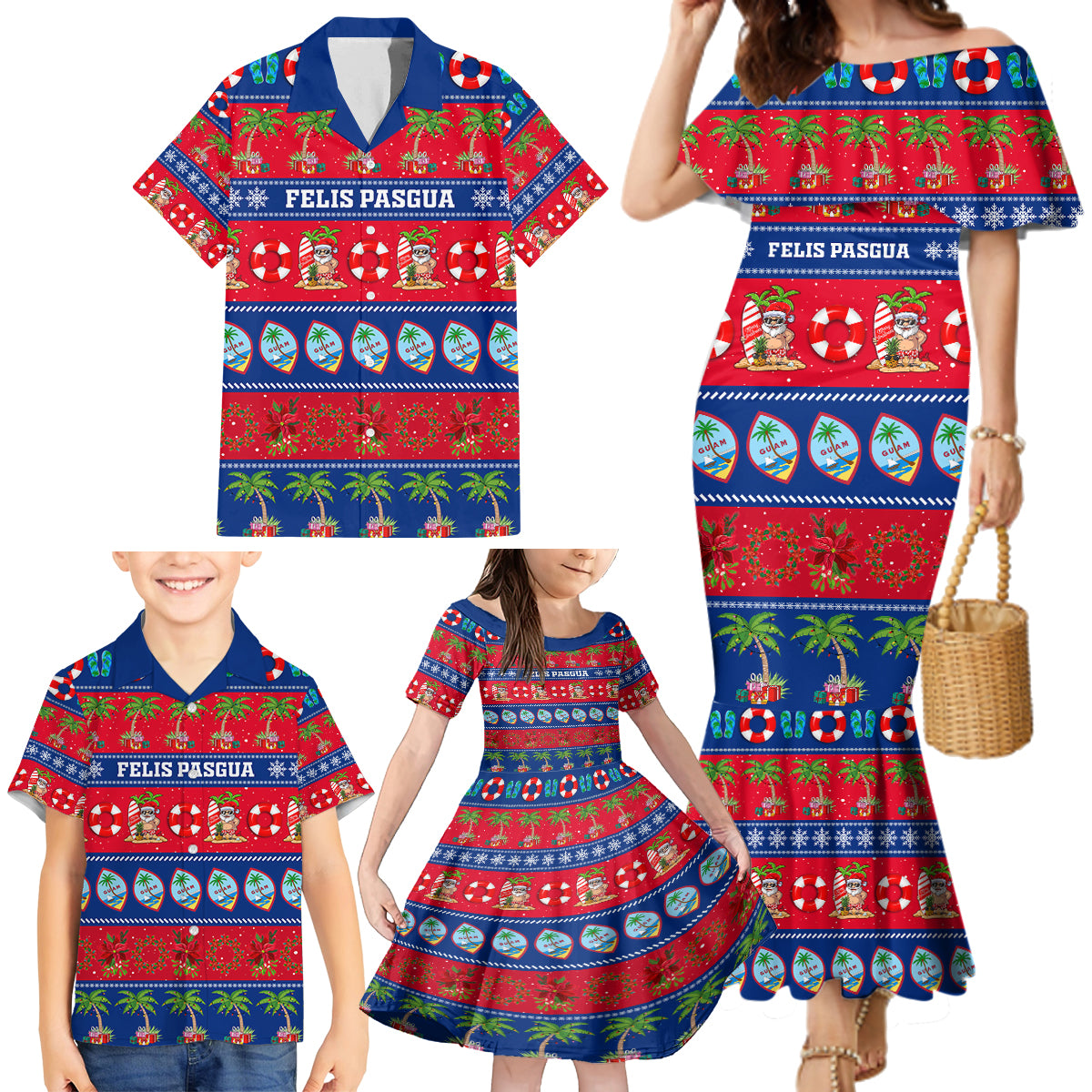 Personalised Guam Christmas Family Matching Mermaid Dress and Hawaiian Shirt Felis Pasgua - Wonder Print Shop