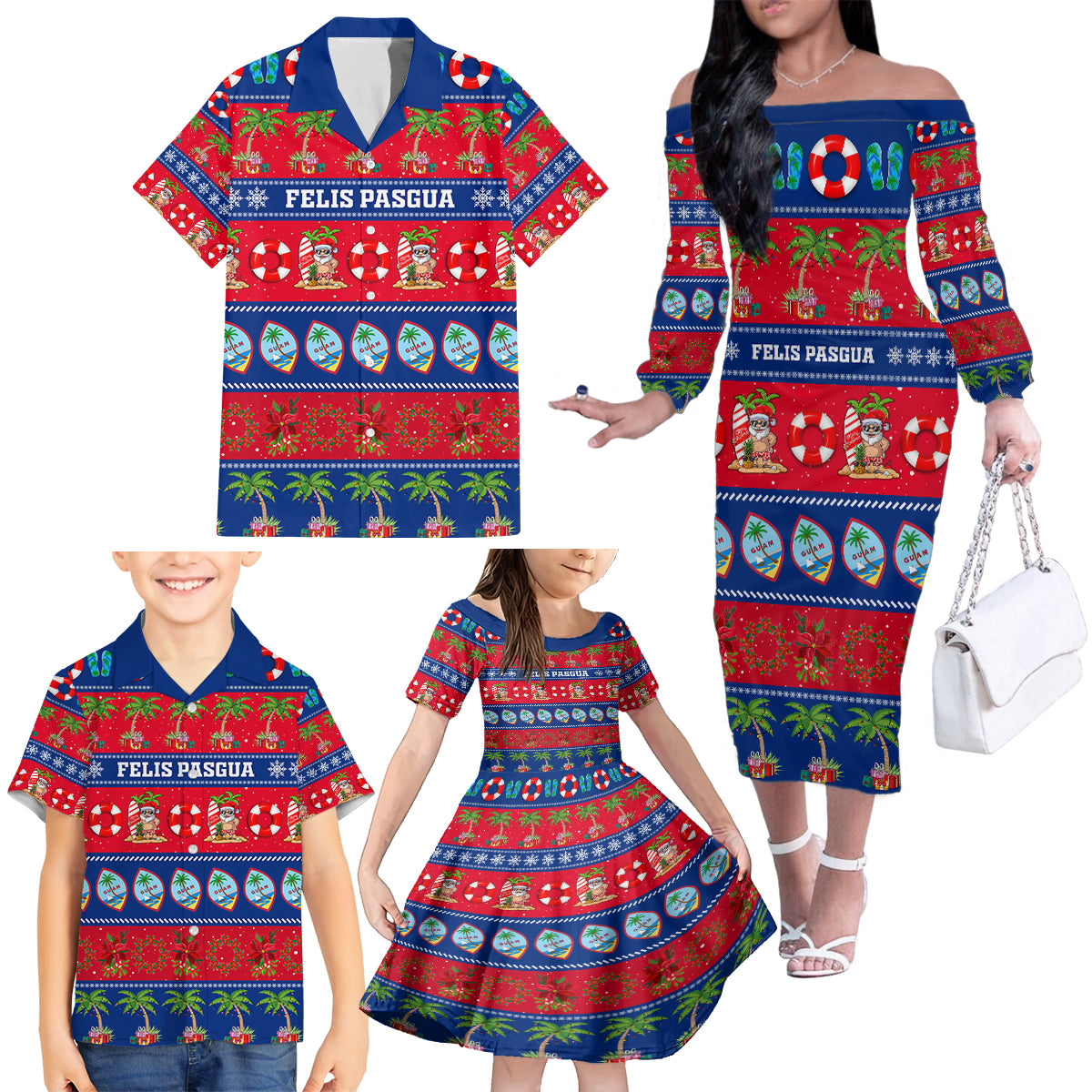 Personalised Guam Christmas Family Matching Off Shoulder Long Sleeve Dress and Hawaiian Shirt Felis Pasgua - Wonder Print Shop