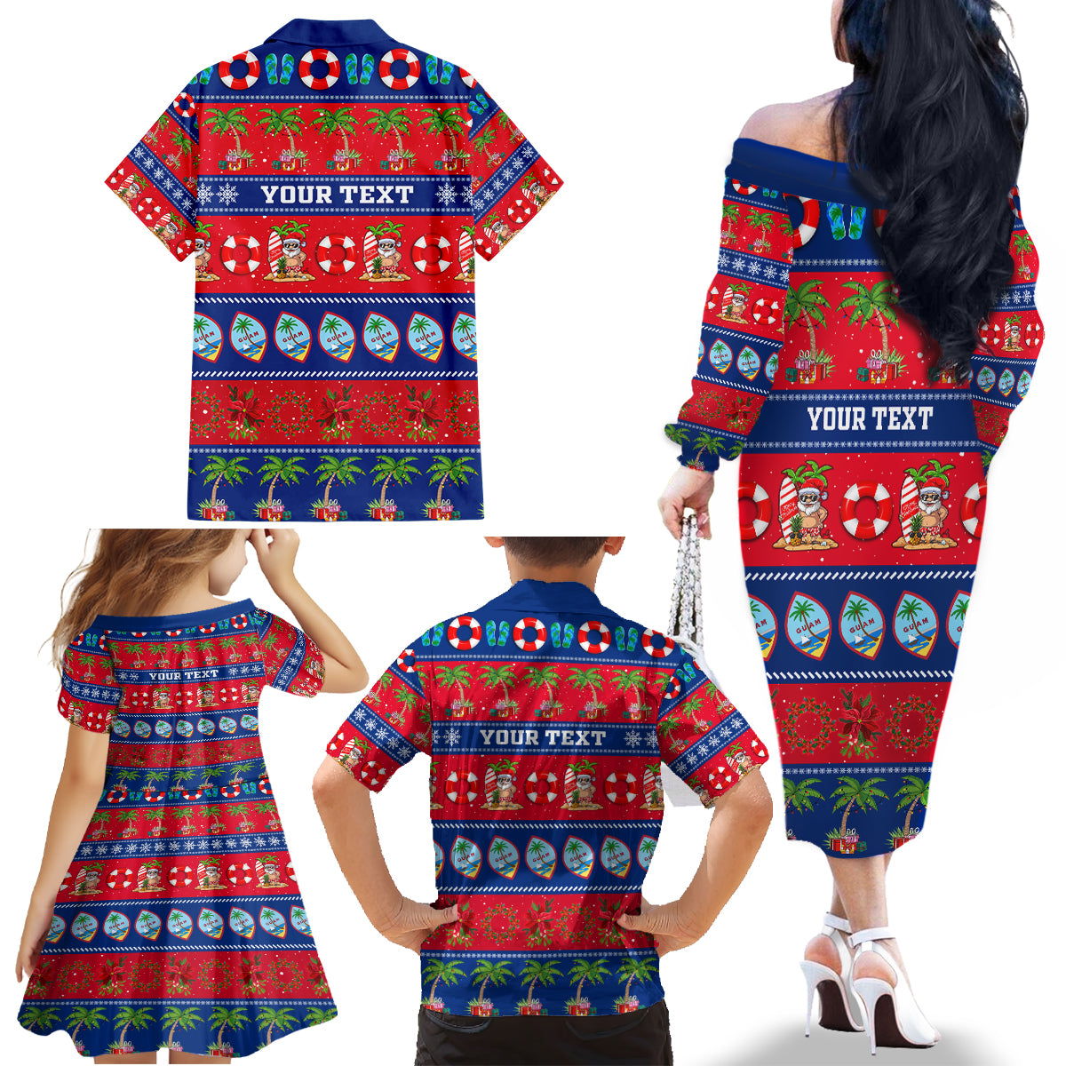 Personalised Guam Christmas Family Matching Off Shoulder Long Sleeve Dress and Hawaiian Shirt Felis Pasgua - Wonder Print Shop