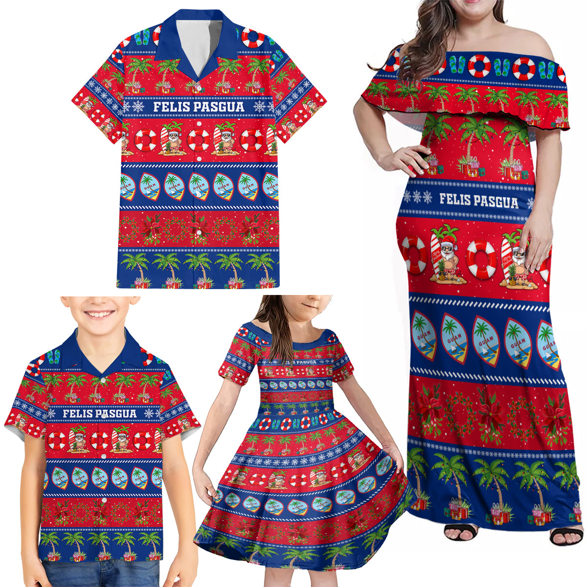 Personalised Guam Christmas Family Matching Off Shoulder Maxi Dress and Hawaiian Shirt Felis Pasgua - Wonder Print Shop