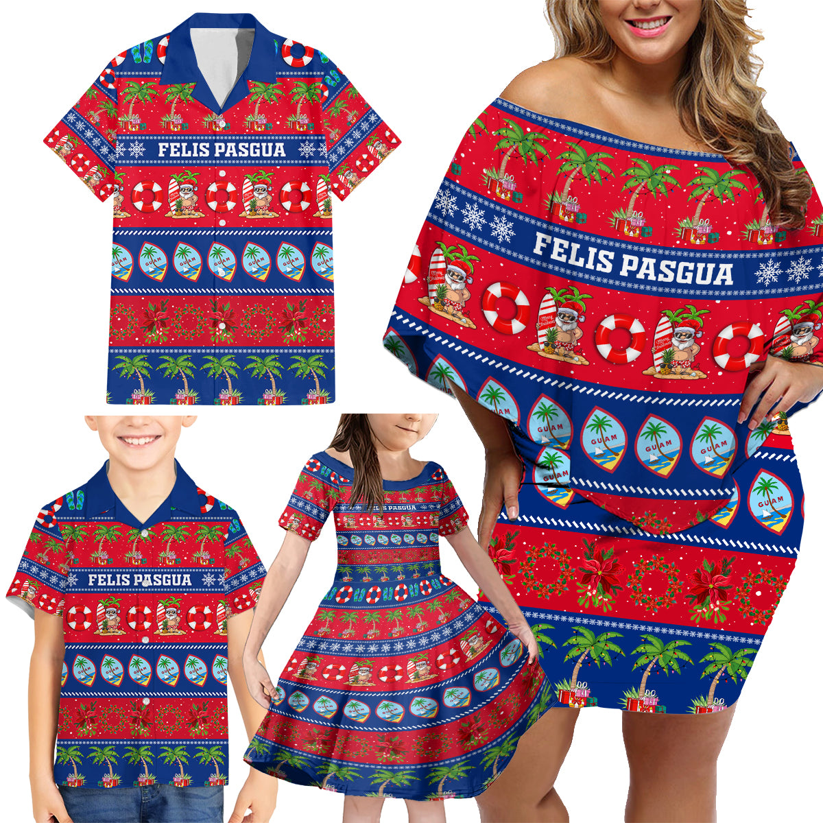 Personalised Guam Christmas Family Matching Off Shoulder Short Dress and Hawaiian Shirt Felis Pasgua - Wonder Print Shop